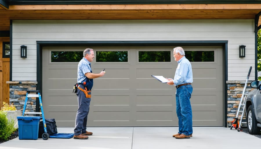 Technician speaking with a homeowner beside a half-open residential garage door, tools and a parked car softly blurred in the driveway under gentle daylight.