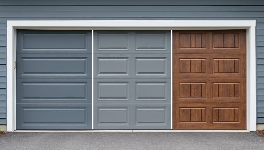 Residential garage with a partially open door showing different garage door material panel textures and styles.