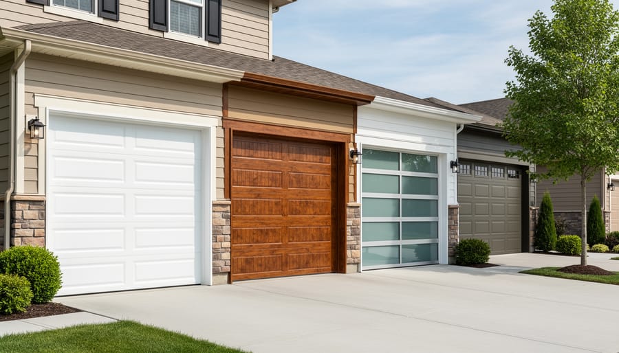 Residential garage exterior with insulated steel, wood-style, and aluminum garage door panel options visible.
