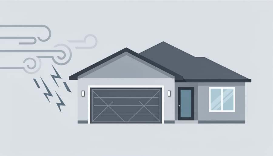 Storm-rated garage door with weather seals and reinforced frame hardware during cloudy rainy conditions.