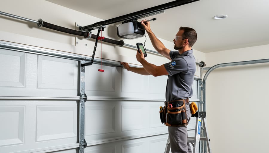 Garage door technician inspecting the opener and track area beside a closed garage door.