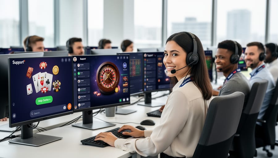Customer support agent wearing headphones in a quiet call center environment.