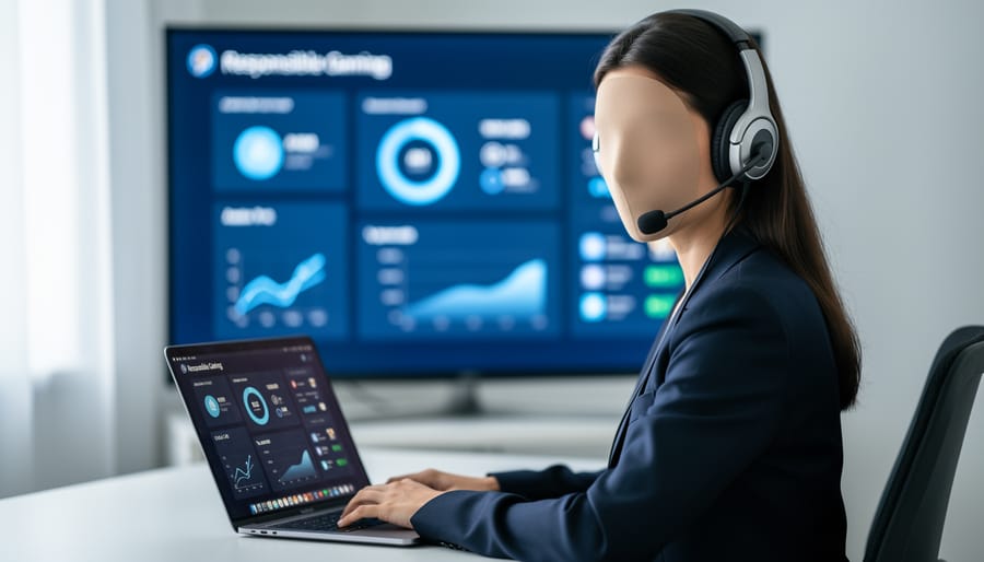 Customer service agent wearing a headset at a laptop, with a blurred responsible gaming support interface in the background.